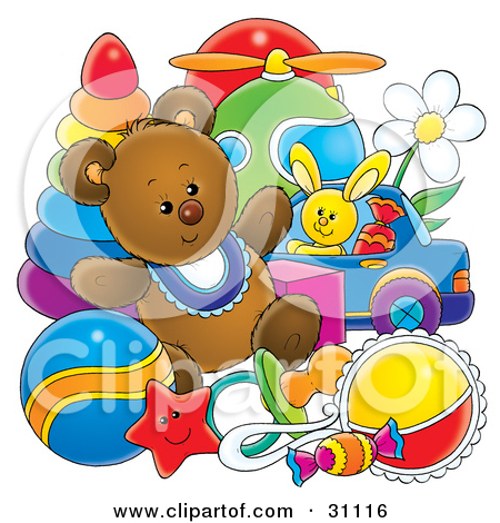 Teddy Bear With Baby Toys In A Nursery by Alex Bannykh