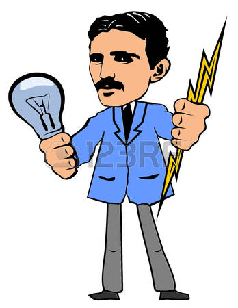 Nikola Tesla is keeping a light bulb and lightning in the hands
