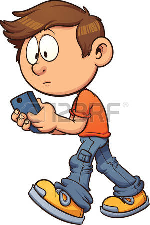 texting: Cartoon boy texting while walking. Vector clip art illustration with simple gradients.