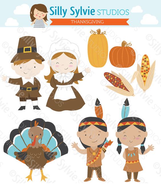 Thanksgiving Clip Art: Pilgrims, Turkey, Native American Indians, Corn, Pumpkins