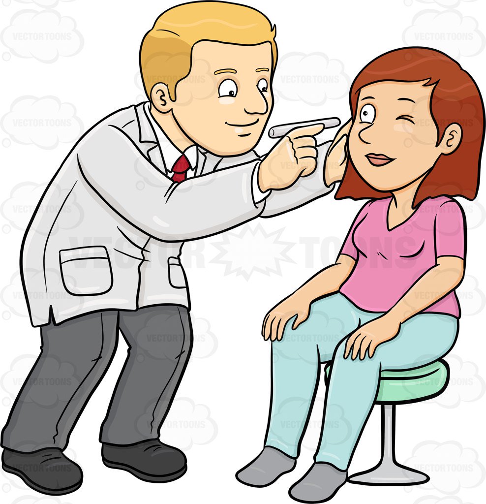 A doctor checking the eye of his female patient