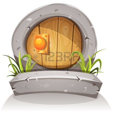 Illustration of a cartoon comic hobbit or dwarf like funny little rounded  wood door with stone