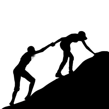 Silhouettes of girl giving helping hand to her friend to climb up the last  section of