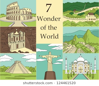 7 Wonders of the World: Colosseum, Great Wall, Machu Picchu, Petra,