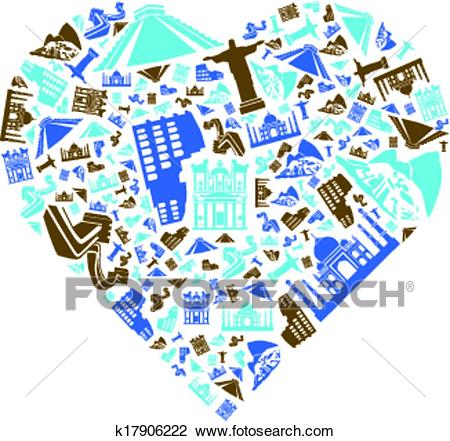 Clipart - Seven Wonders of the World in Heart. Fotosearch - Search Clip Art,