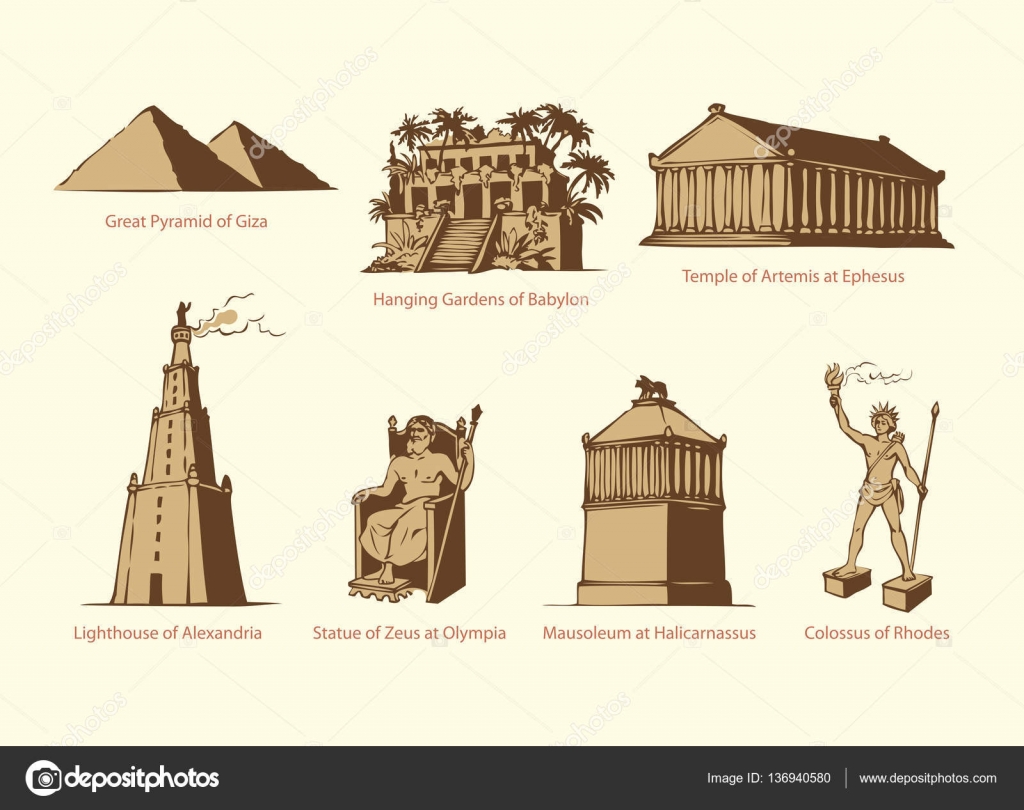 Vector symbols of The Seven Wonders of Ancient WORLD u2014 Stock Vector