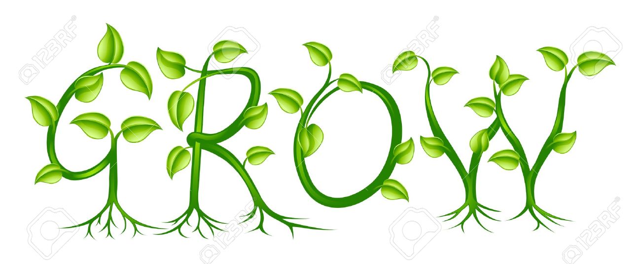 The word grow spelled out with a plant or vines with leaves growing into the letters