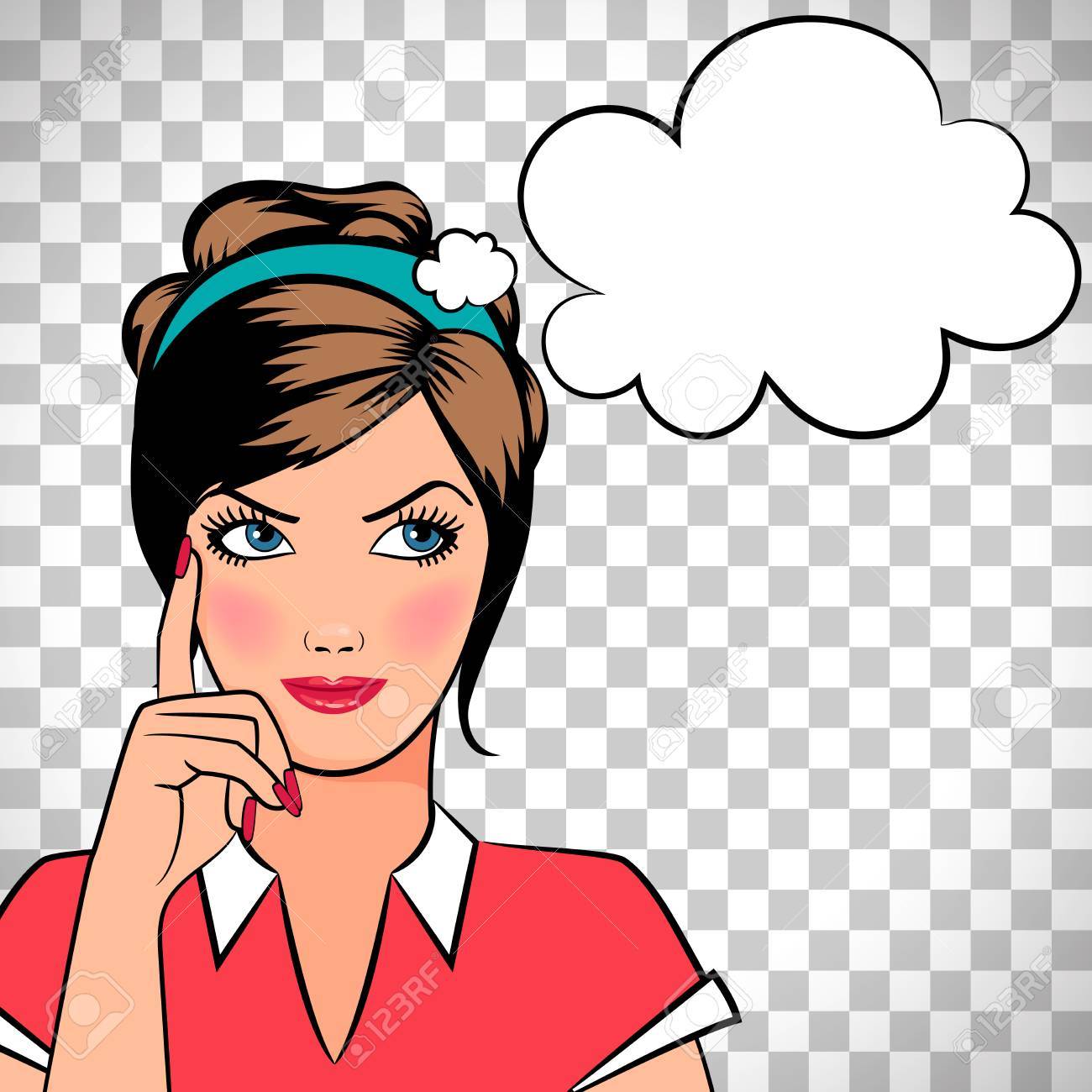 Thinking woman in pop art comic style isolated on transparent background.  Vector illustration Stock Vector