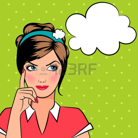 Thinking woman in pop art comic style with speech bubble for your text