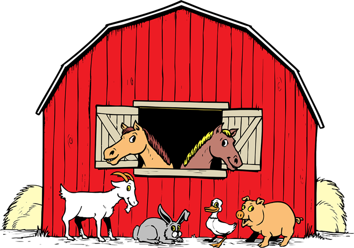 This cute cartoon barn clip art complete with farm animals is free for personal or commercial use as this clip art has been released to the public domain.