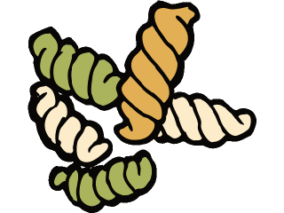 This image depicts five pieces of rotini pasta. The pieces of pasta are colored orange, beige, and green.