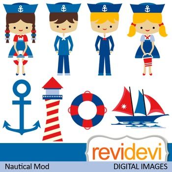 This nautical themed clipart set features cute kids in sailor costumes. Anchor, light house