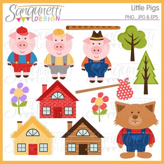 Three Little Pigs clipart, includes pigs, house of brick, house of sticks,