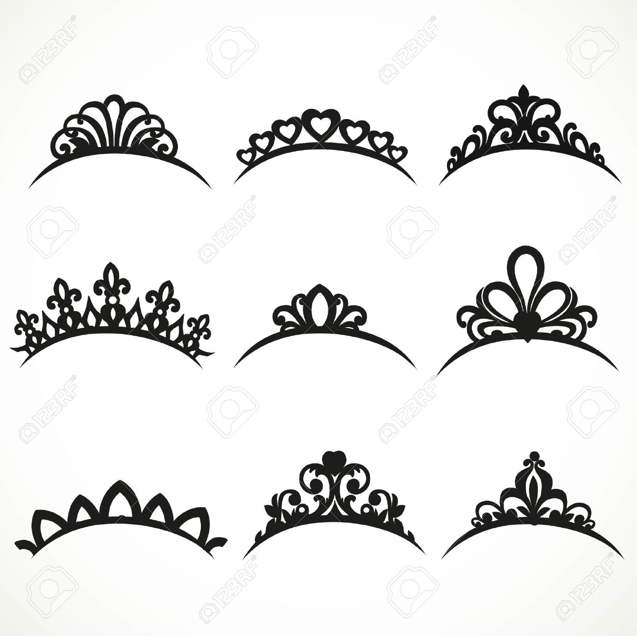 Set of silhouettes of tiaras of various shapes on a white background 1  Illustration