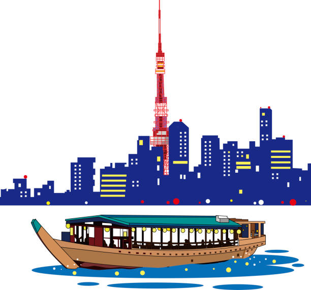 Evening houseboat and Tokyo Tower vector art illustration