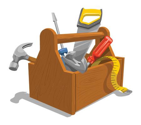 Vector illustration of wooden toolbox with repairing tools.