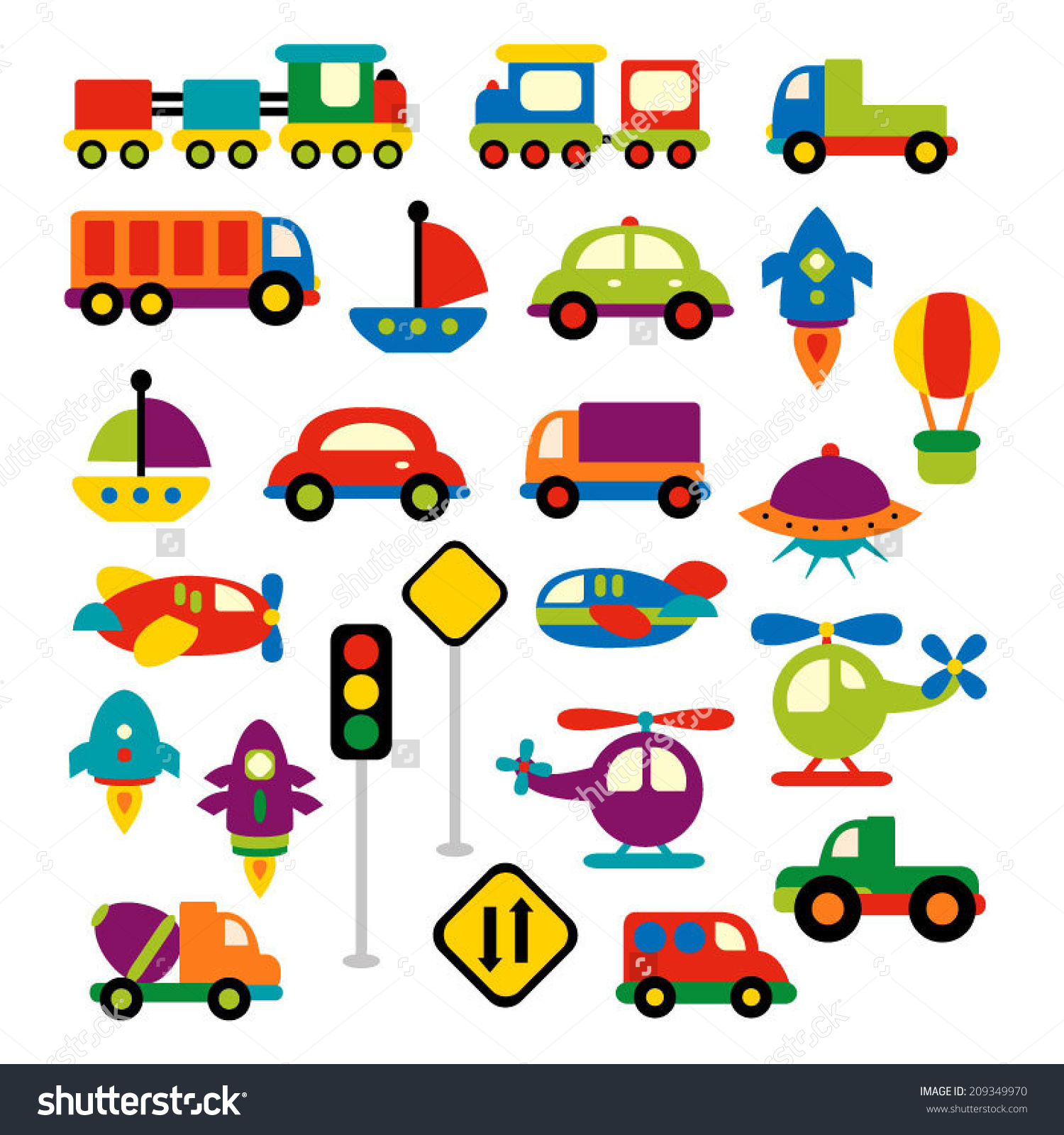Transportation vector clip art in bright colors. Trains, trucks, cars, boat,