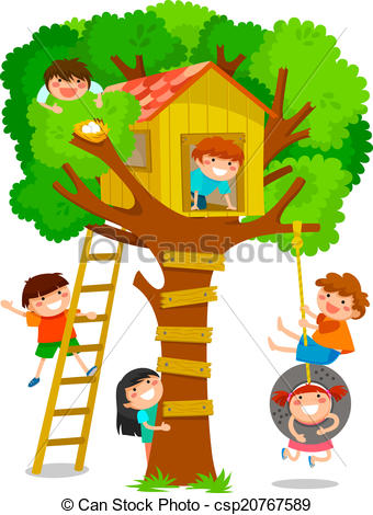 Kids Playing around Tree Hous