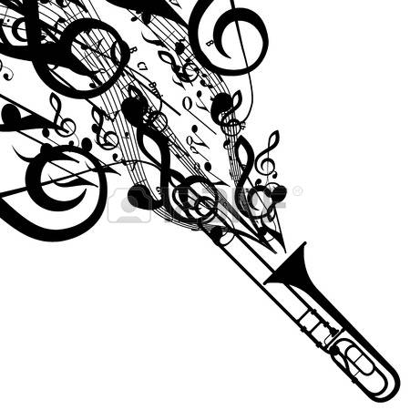 Silhouette of Trombone with Musical Symbols