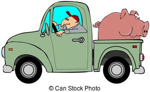 ... Truck hauling a hog - This illustration depicts a man.