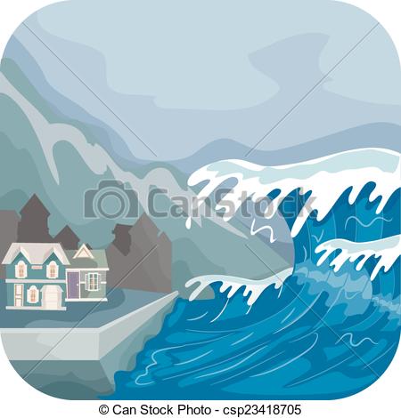 Illustration Featuring a Tsunami Engulfing a Village