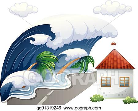 Tsunami scene with big waves and house
