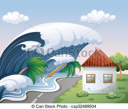 Tsunami scene with big waves 