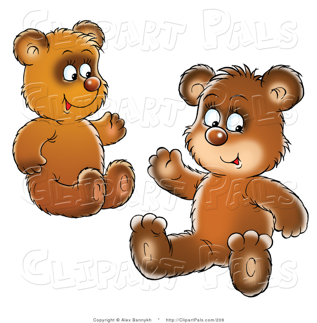 Two Brown Bear Cubs Siblings Or Friends Sitting On The Ground And