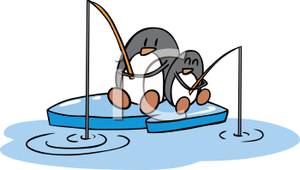 Two Penguins Ice Fishing . - Ice Fishing Clipart