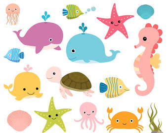 Under the sea clipart, Sea animal clip art, Seahorse fish turtle clip art, Ocean animal clipart, Octopus jellyfish clipart, Commercial use
