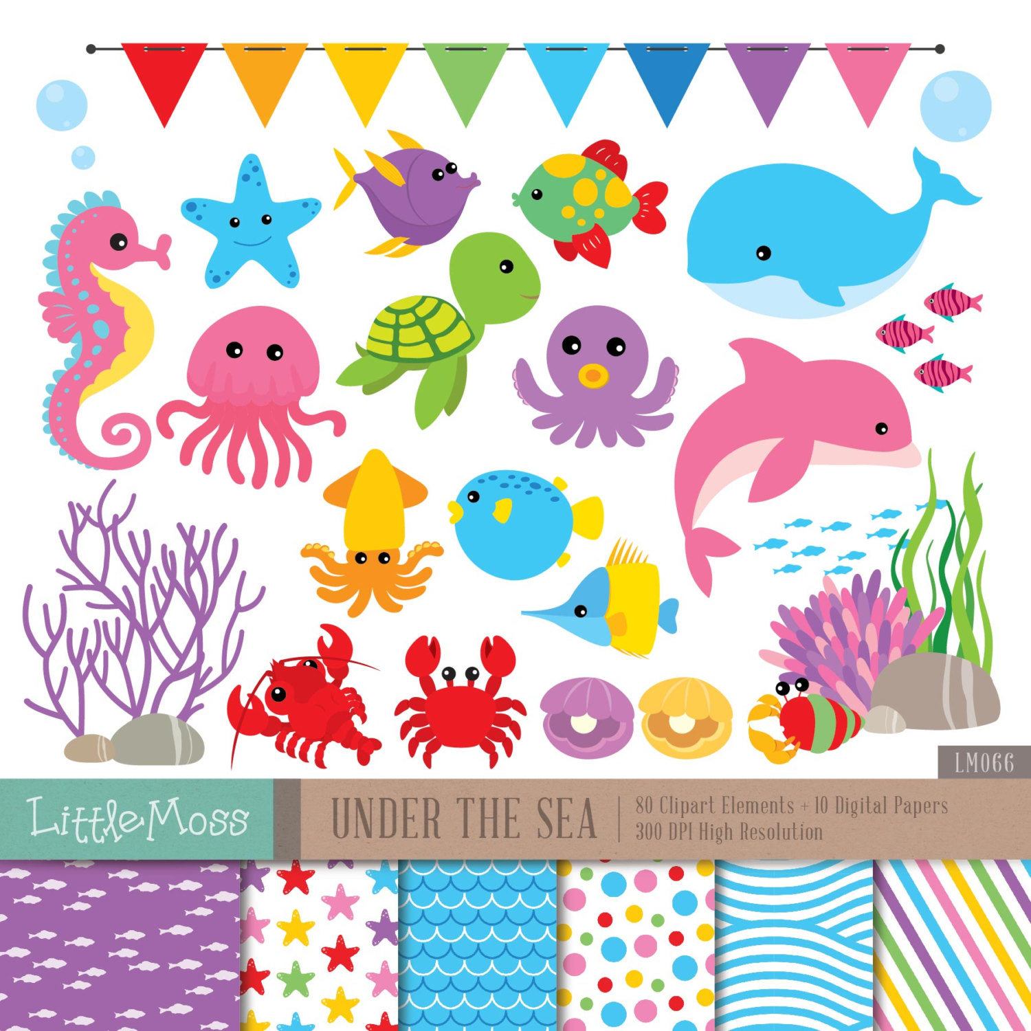 Under The Sea Digital Clipart and Papers, Sea Animals Clipart, Sea Horse, Dolphin, Whale, Turtle, Octopus, Starfish Clipart