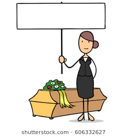 Cartoon woman as undertaker with coffin holding blank white sign