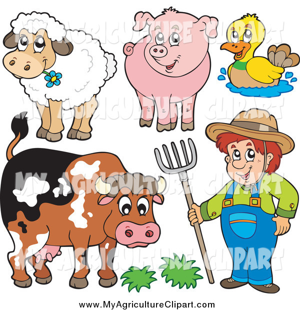Vector Cartoon Agriculture Clipart of a Male Farmer and His Livestock  Animals
