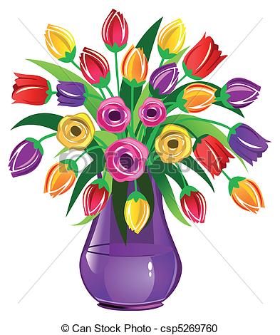 Vector Clipart Of Spring Flowers Vase Full Of Tulips Isolated On