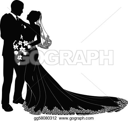 Vector Illustration - A bride and groom on their wedding day about to kiss in silhouette. Stock Clip Art gg58080312
