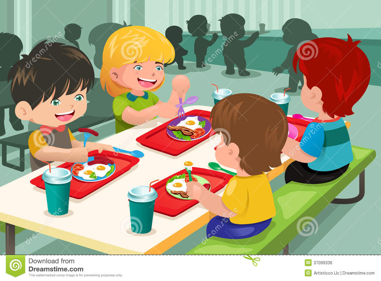 Vector Illustration Of Elementary Students Eating Lunch In Cafeteria