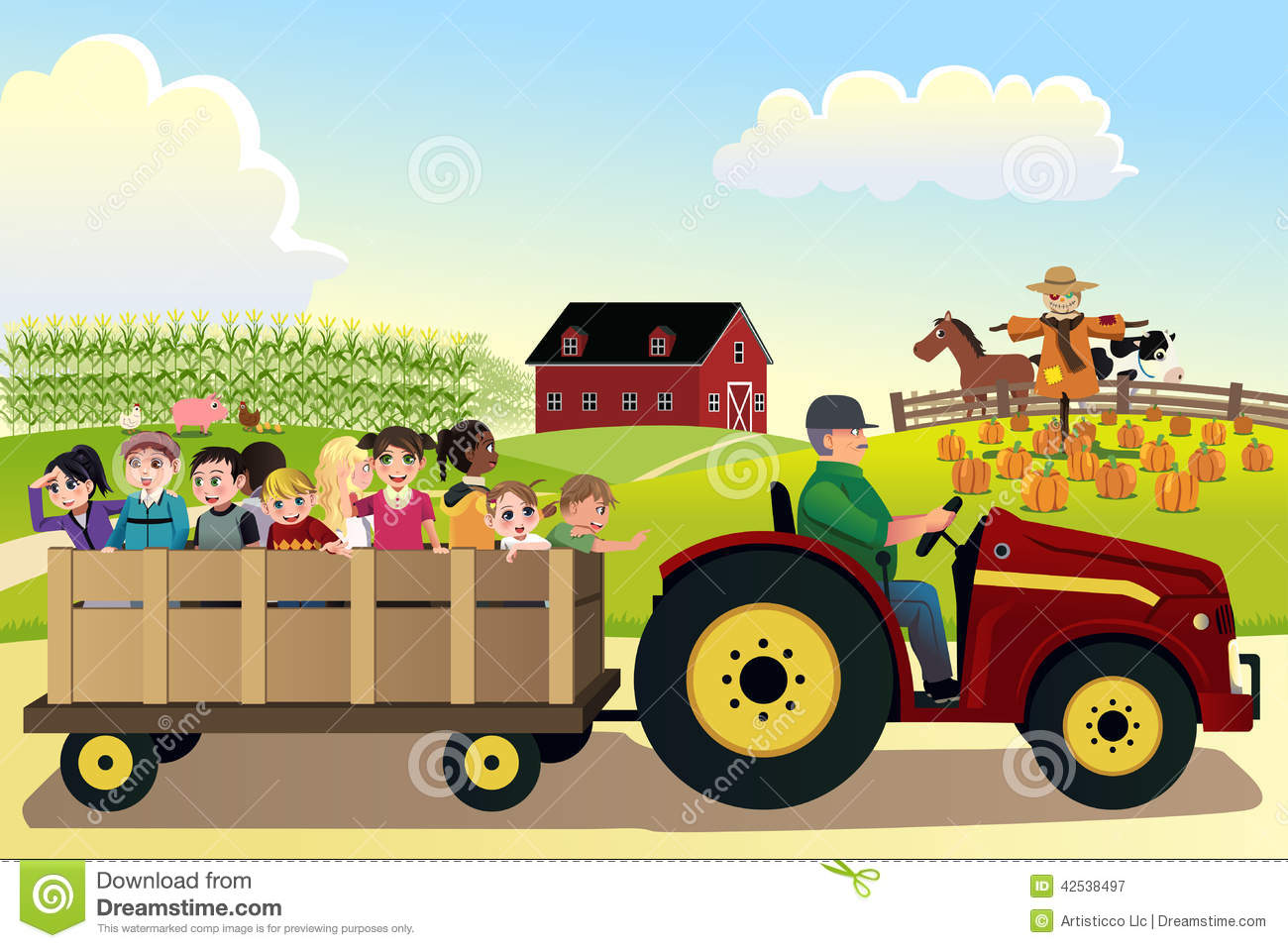 Vector Illustration Of Kids Going On A Hayride In A Farm With Corn