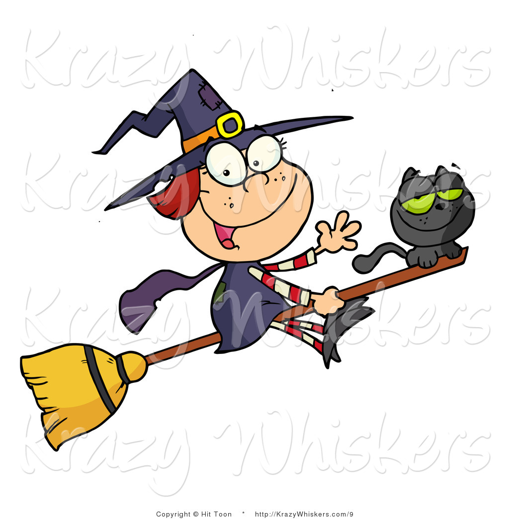 Vector Kitty Clipart Of A Cute Witch And Black Cat On A Broomstick