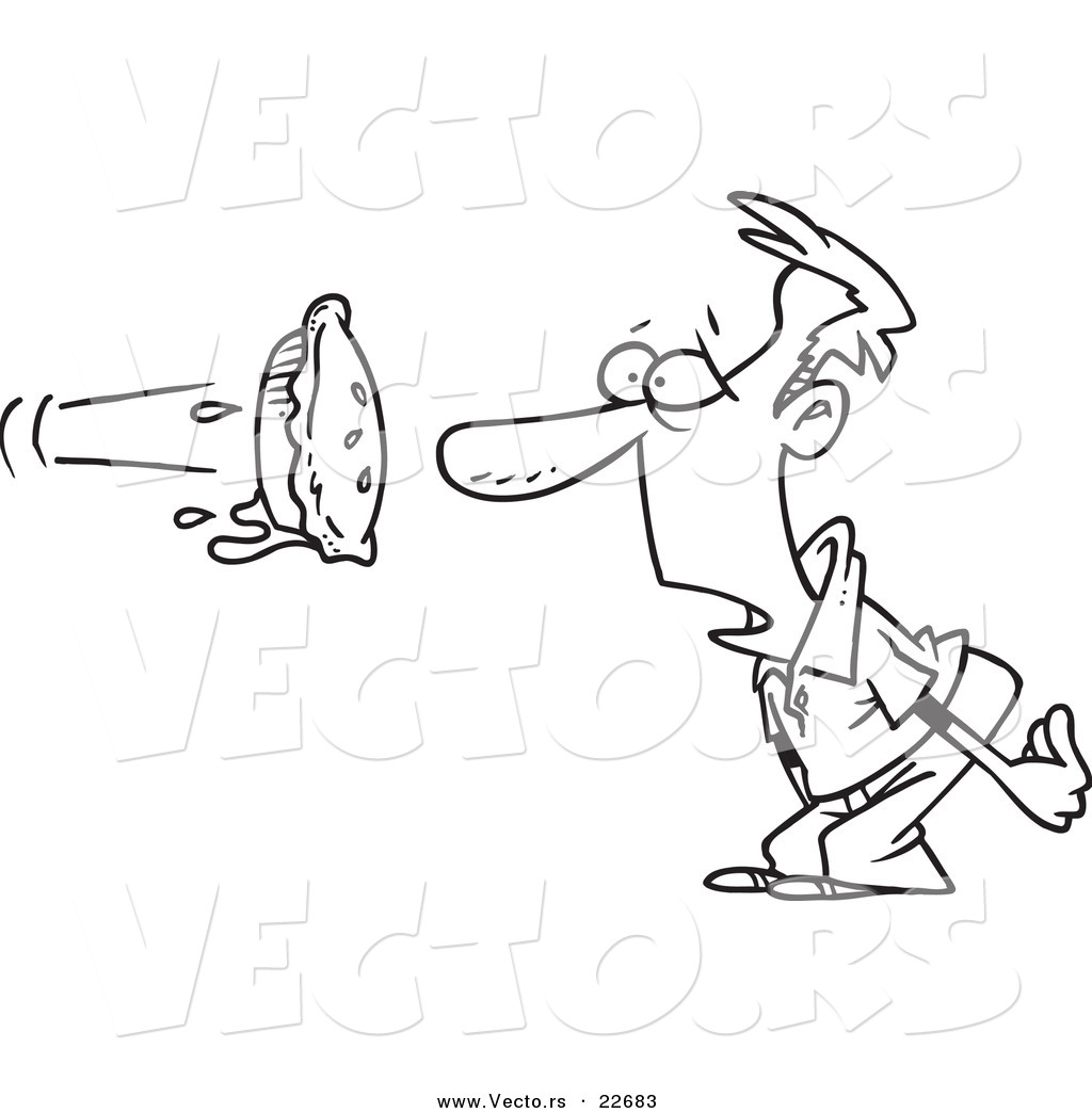 Vector of a Cartoon Pie Flying at a Manu0026#39;s Face - Coloring Page Outline
