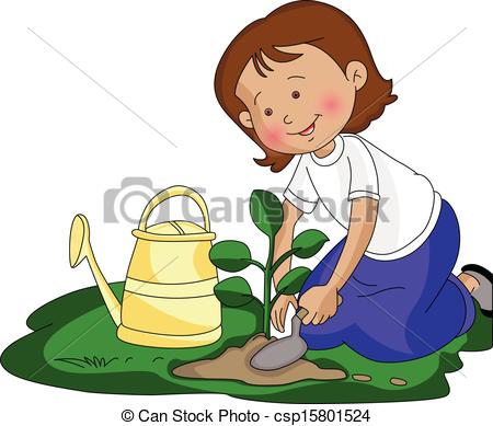 ... Vector of girl planting a small plant. - Vector illustration.