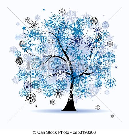 Vector - Winter tree, snowflakes. Christmas holiday.