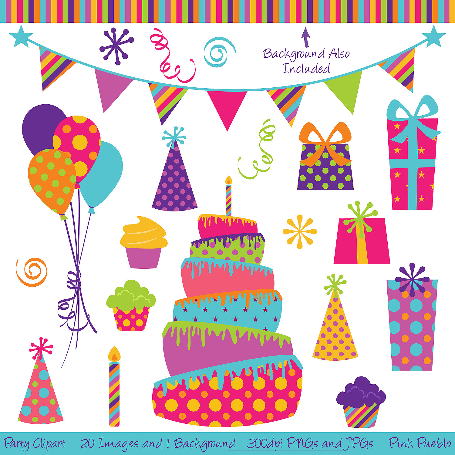 Vintage birthday party clipart .