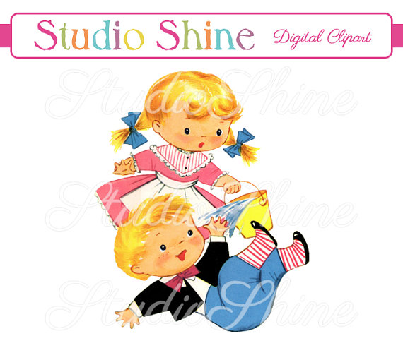 Vintage Digital Clipart - Jack and Jill - Printable Image Cute Little Girl and Boy Clip
