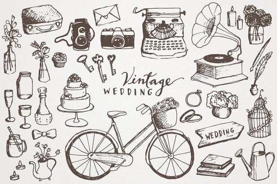 Vintage Wedding Clipart - hand drawn clip art, vintage elements, hipster wedding, diy