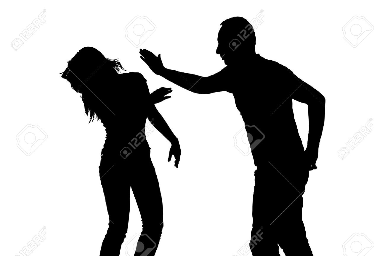 violence: Silhouette of a man slapping a woman depicting domestic violence isolated on white background