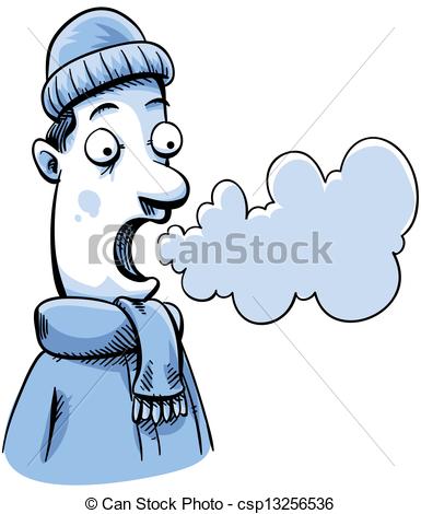 ... Visible Breath - A cartoon man in cold weather can see his.
