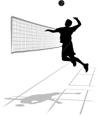 volleyball clipart of volleyball player spking the ball over the net in black and white