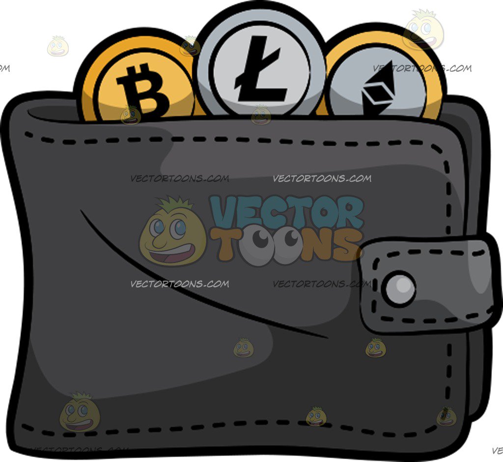 A Wallet Filled With Bitcoin, Litecoin And Ethereum Cartoon Clipart