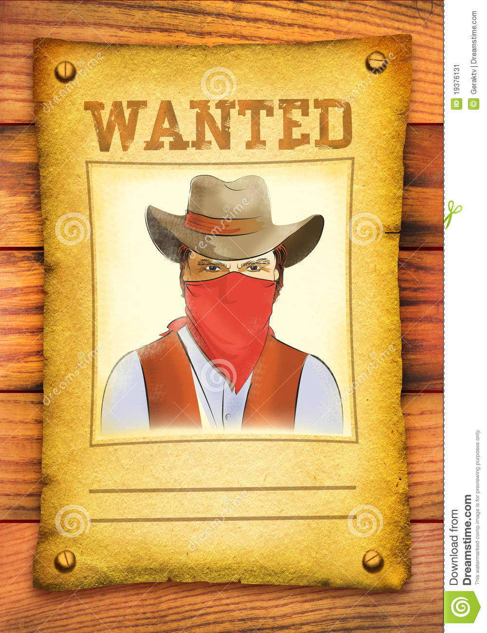 Wanted poster with bandit face .