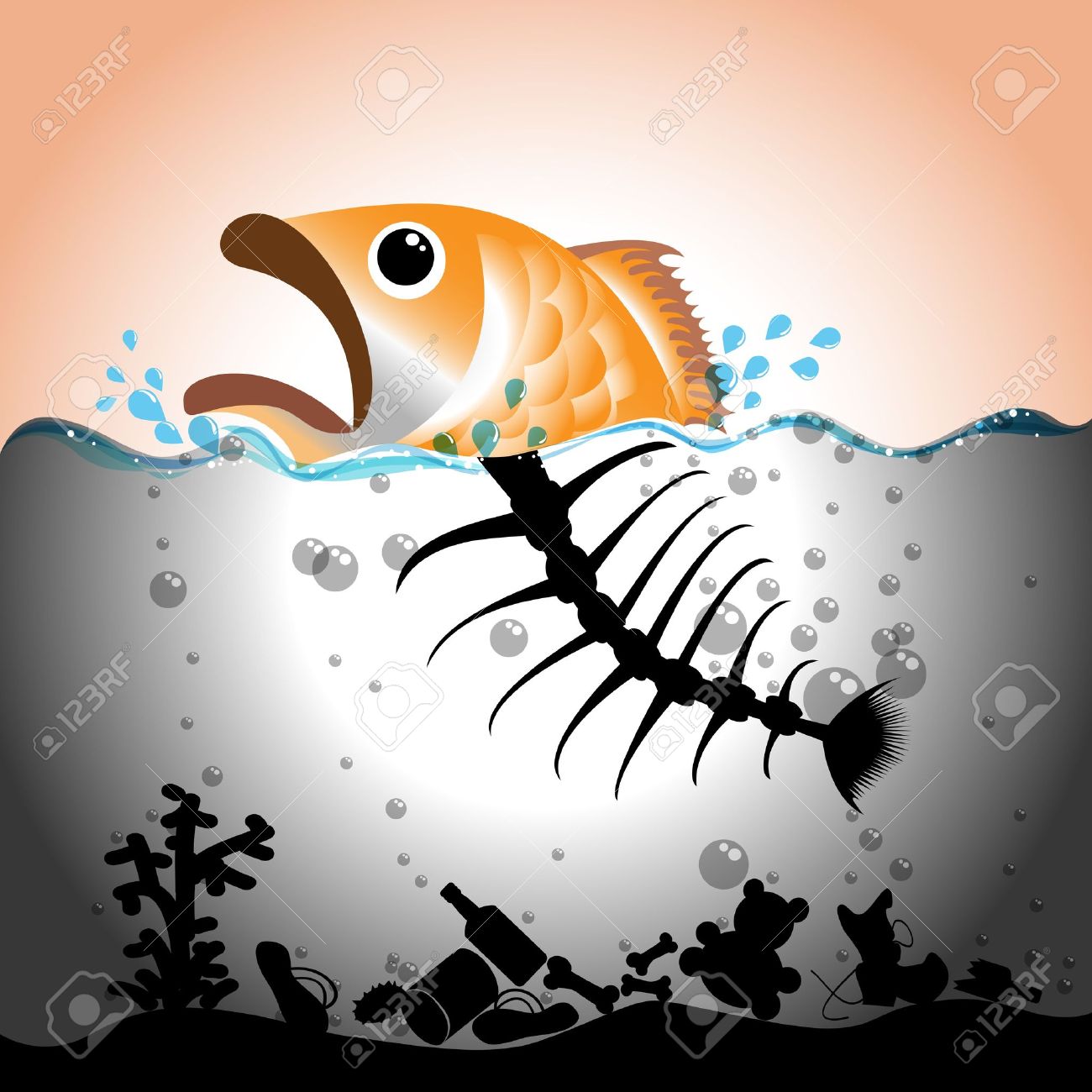 water pollution: Illustration of fish and fish bone in in polluted water, Water  pollution